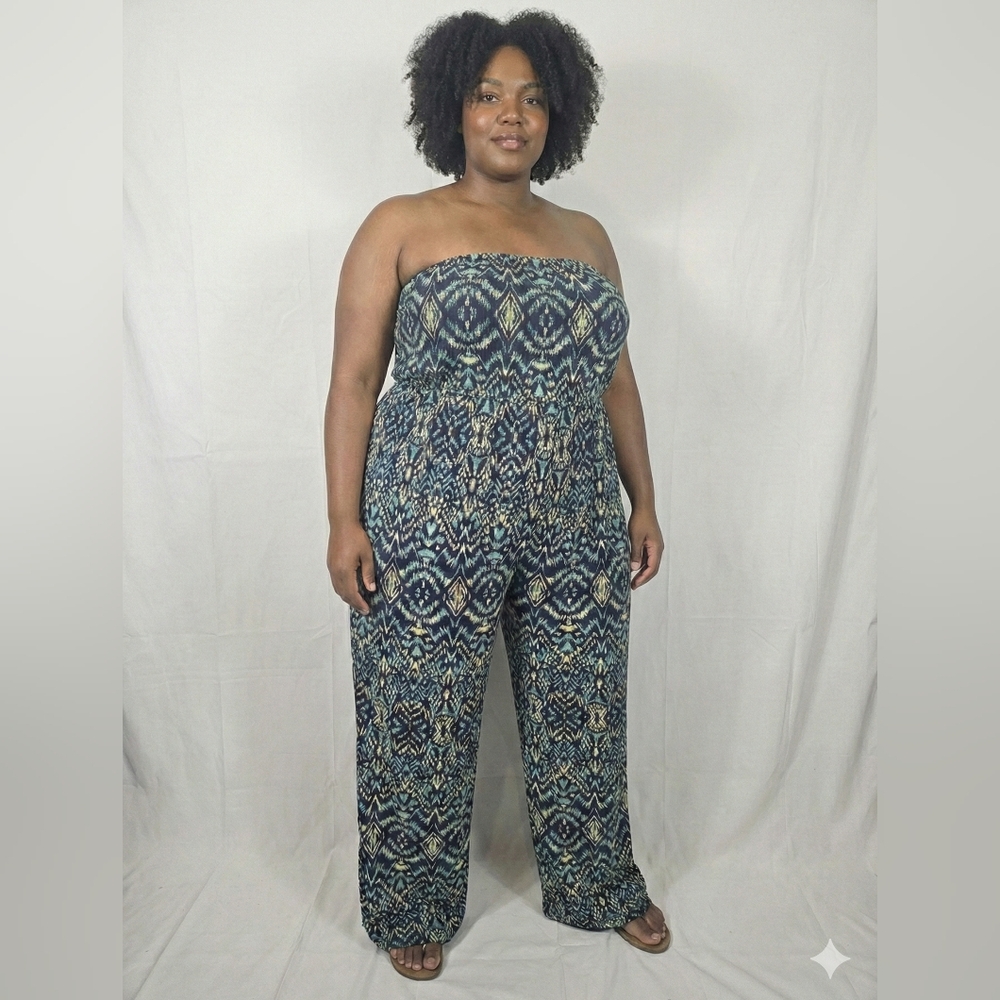 Strapless Blue Patterned Jumpsuit